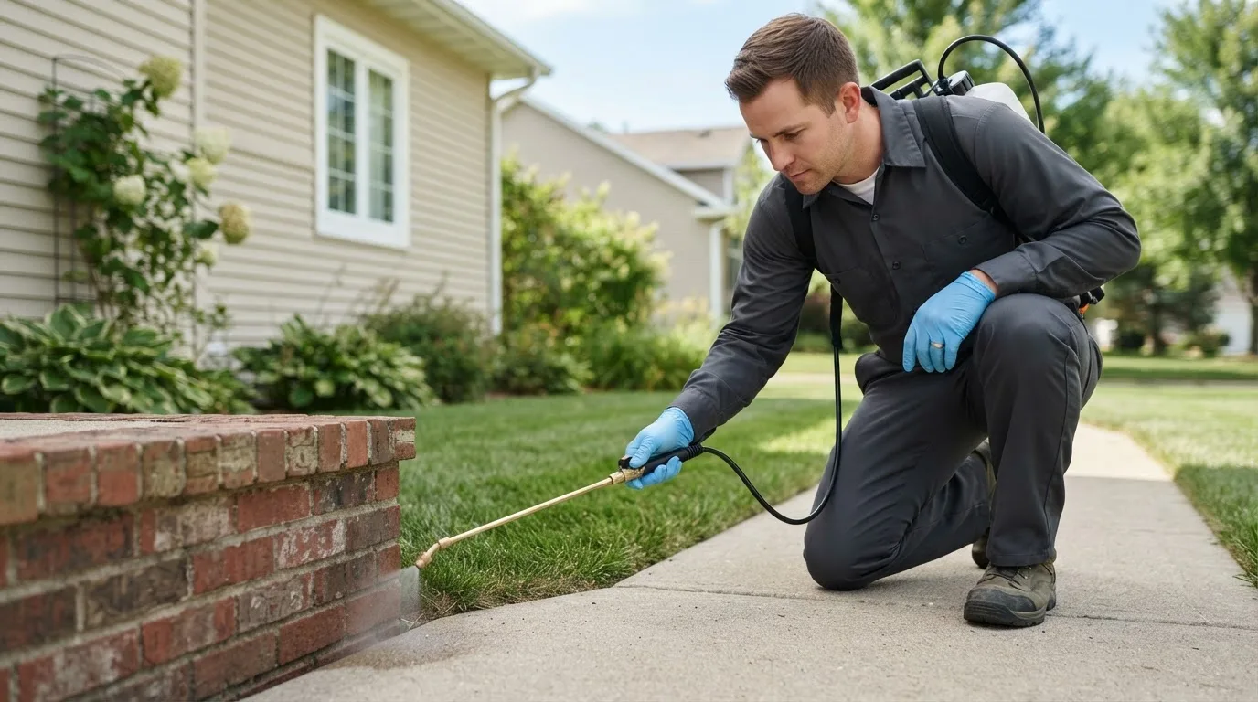 Pest control technician treating a home near Leon, KS